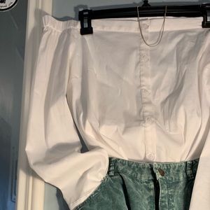 off-the-shoulder, button-down blouse